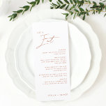 Modern Rustic Terracotta Calligraphy Bröllop Meny<br><div class="desc">Modern meny och elegant har den rotiska teracotta-kalligrafiskriptet "ät" modern typografi.</div>