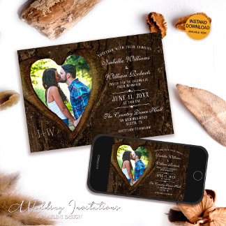 Modern Rustic Träd Heart Photo Bröllop Inbjudningar