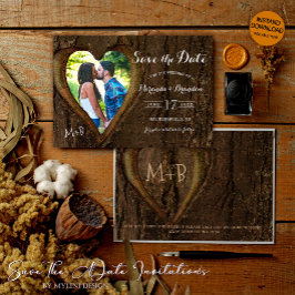 Modern Rustic Träd Heart Photo Bröllop Spara Datumet