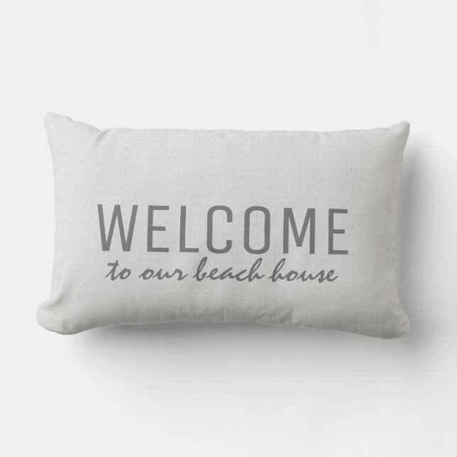 Modern rustic vit burlap Välkommen till strandhuse Lumbarkudde (Framsida)