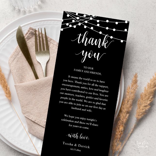 Modern Rustic Wedding Dinner Thank You Card Program (Modern Rustic Wedding Dinner Thank You Card Reception Reception String Lights Black White)