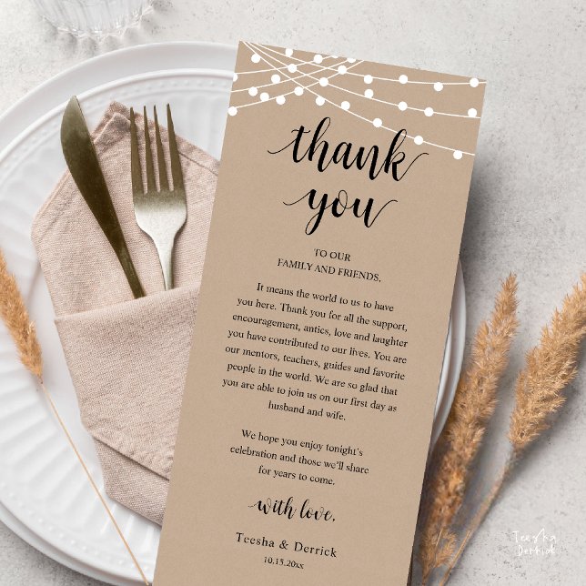 Modern Rustic Wedding Dinner Thank You Card Program (Modern Rustic Wedding Dinner Thank You Card Reception Reception String Lights Brown Kraft)