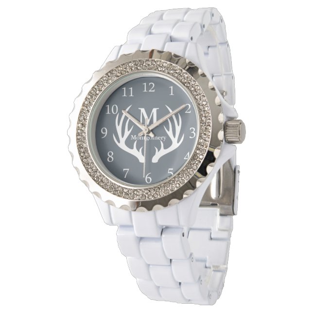 Modern Rustic White Hjort Antlers Personlig Namn Armbandsur (Vinklad)
