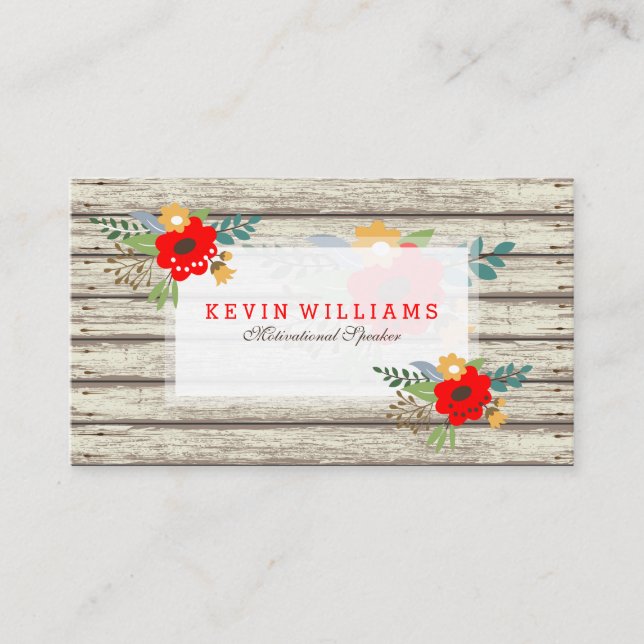 Modern Rustic White Paint Wood & Flowers-accent Visitkort (Framsida)
