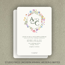 Modern Rustic Wildblommonogram Bröllop Inbjudningar