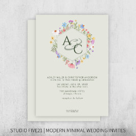 Modern Rustic Wildblommonogram Sage Bröllop Inbjudningar