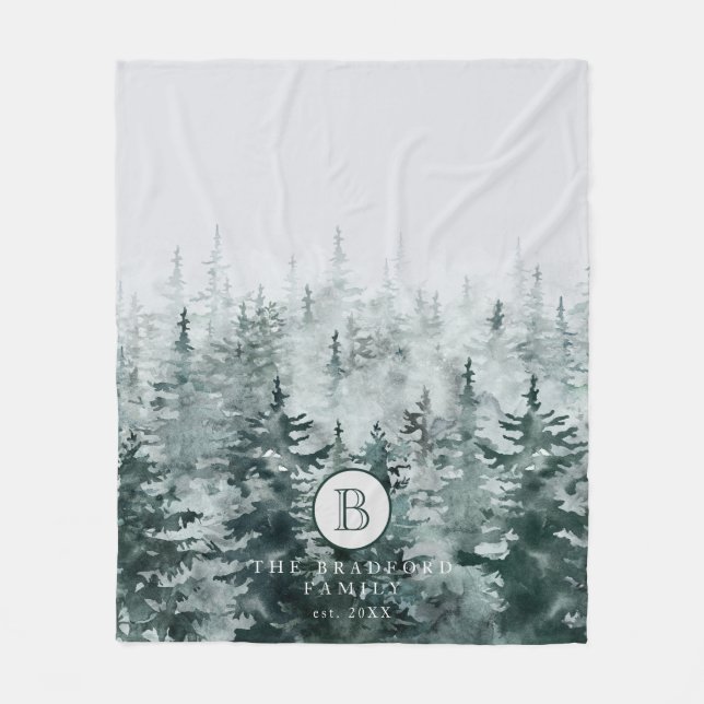 Modern Rustic Winter Forest Gräs Family Monogram Fleecefilt (Framsidan)