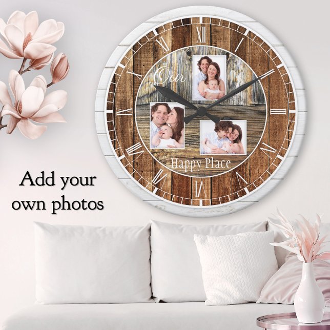 Modern Rustic Wood 3 Foton Rund Klocka (Rustic classic wall clock featuring printed wood panels with your own custom photos)