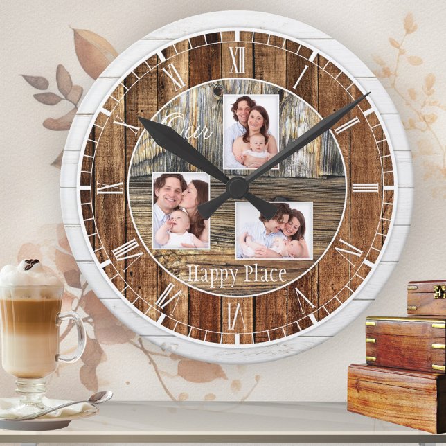Modern Rustic Wood 3 Foton Rund Klocka (Rustic classic wall clock featuring printed wood panels with your own custom photos)