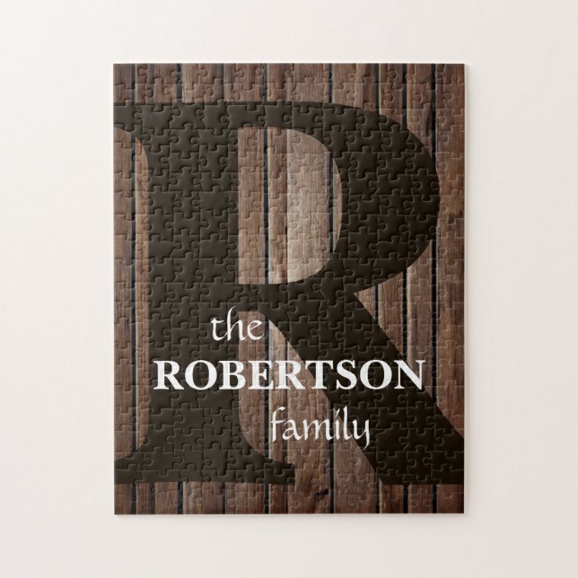 Modern Rustic Wood Family Monogram Pussel (Vertikal)