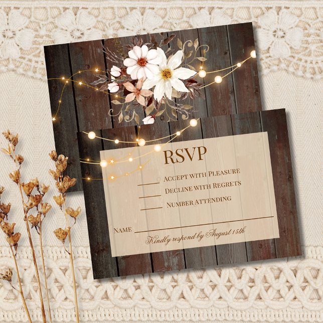 Modern Rustic Wood Floral Lights RSVP Card OSA Kort (Skapare uppladdad)