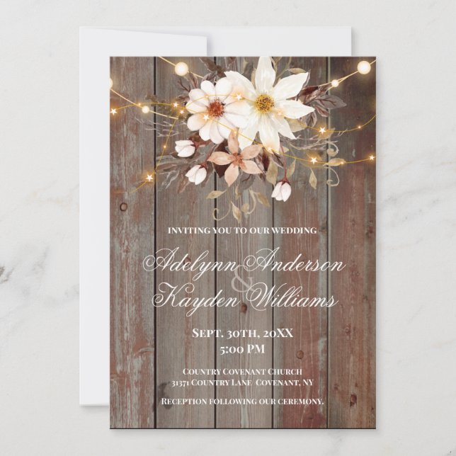 Modern Rustic Wood Floral Lights Wedding  Inbjudningar (Framsida)