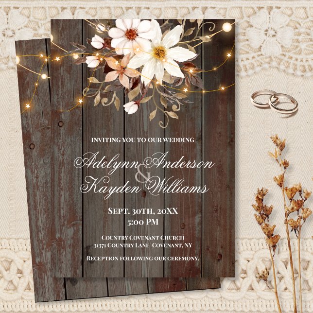 Modern Rustic Wood Floral Lights Wedding  Inbjudningar (Skapare uppladdad)
