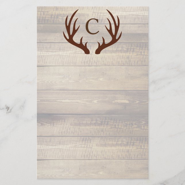 Modern Rustic Wood och Brown Hjort Antlers| Monogr Brevpapper (Framsida)
