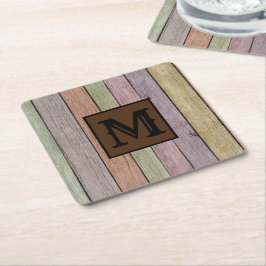 Modern Rustic Wood Plank Monogram Underlägg Papper Kvadrat