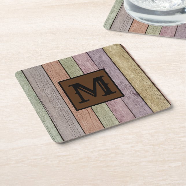 Modern Rustic Wood Plank Monogram Underlägg Papper Kvadrat (Vinklad)