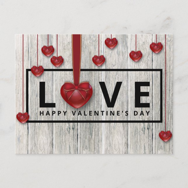 Modern Rustic Wood Valentine Day KÄRLEK Red Hearts Vykort (Framsida)