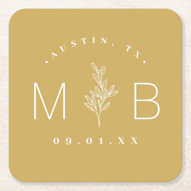 Modern Rustik Blommigt Stem Bröllop Monogram Underlägg Papper Kvadrat (Framsidan)
