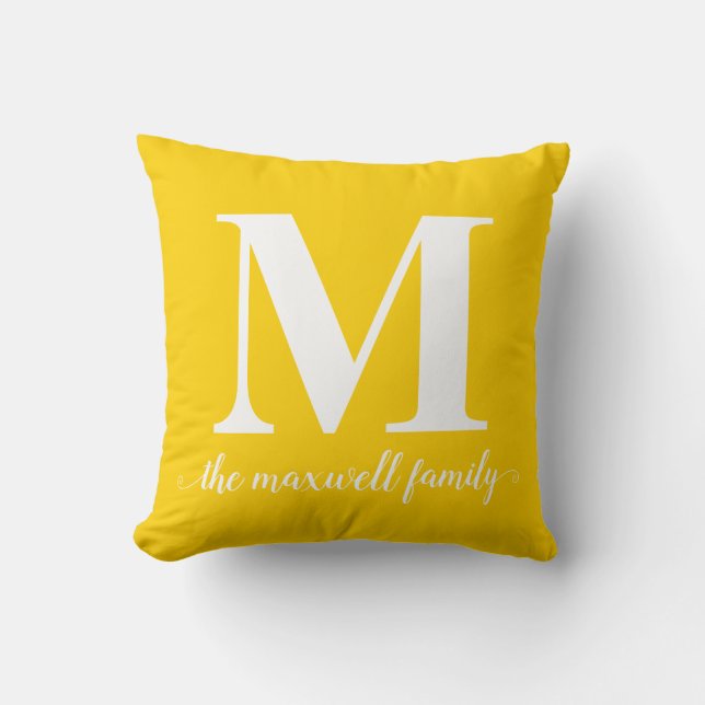 Modern Rustik Bright Gult Monogram-familjskript Kudde (Framsida)
