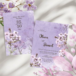 Modern Rustik Bröllop Med Lila Blommor Inbjudningar