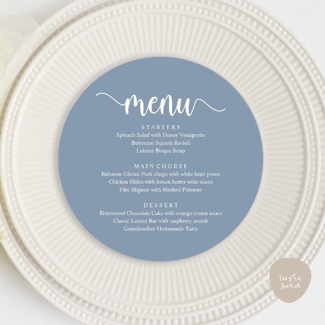 Modern Rustik, Bröllops Middag Rund Meny (Modern Rustic, Wedding Elopement Round Dinner Menu Card in Dusty Blue)
