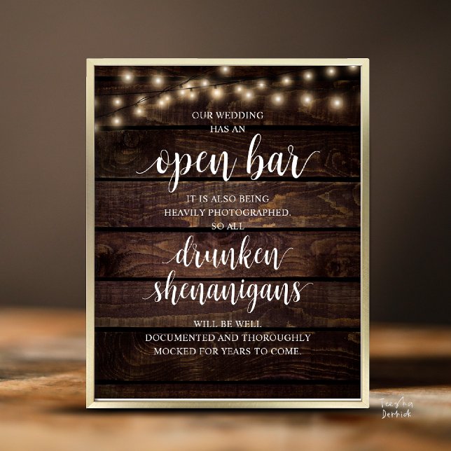 Modern Rustik Bröllops Öppen Bar Berusade Busstrec Poster (Modern Rustic Wedding Open Bar Drunken Shenanigans Poster in Cottage Dark Wood, String Lights)