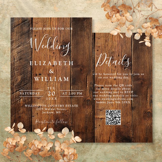 Modern Rustik Bröllops QR-kod i Trä Inbjudningar (Modern Rustic Barn Wood Wedding QR Code Invitation)