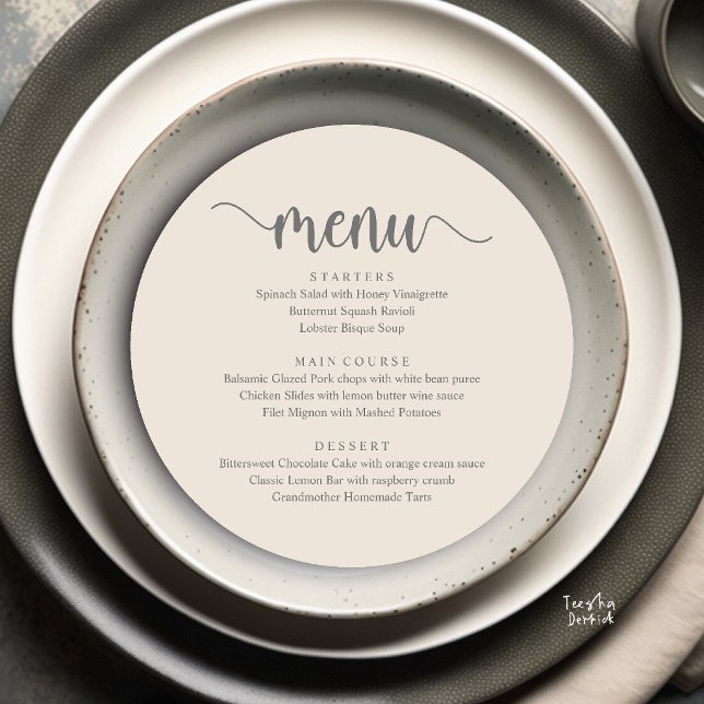 Modern Rustik, Bröllopsflykt Rund Middag Meny (Modern Rustic, Wedding Elopement Round Dinner Menu Card in Cream and Grey)