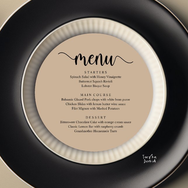 Modern Rustik, Bröllopsflykt Rund Middag Meny (Modern Rustic, Wedding Elopement Round Dinner Menu Card in Brown Tan)