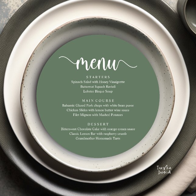Modern Rustik, Bröllopsflykt Rund Middag Meny (Modern Rustic, Wedding Elopement Round Dinner Menu Card in Sage Green)