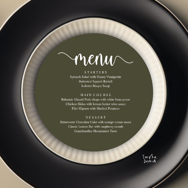 Modern Rustik, Bröllopsflykt Rund Middag Meny (Modern Rustic, Wedding Elopement Round Dinner Menu Card in Olive Green)
