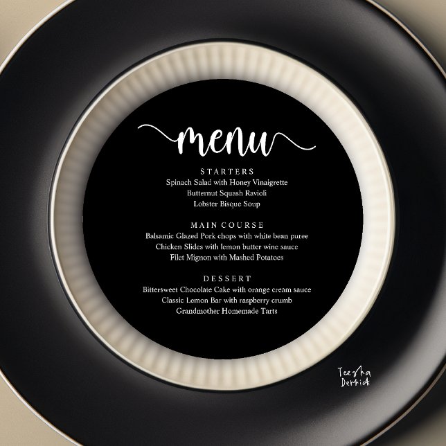 Modern Rustik, Bröllopsflykt Rund Middag Meny (Modern Rustic, Wedding Elopement Round Dinner Menu Card in Black and White)
