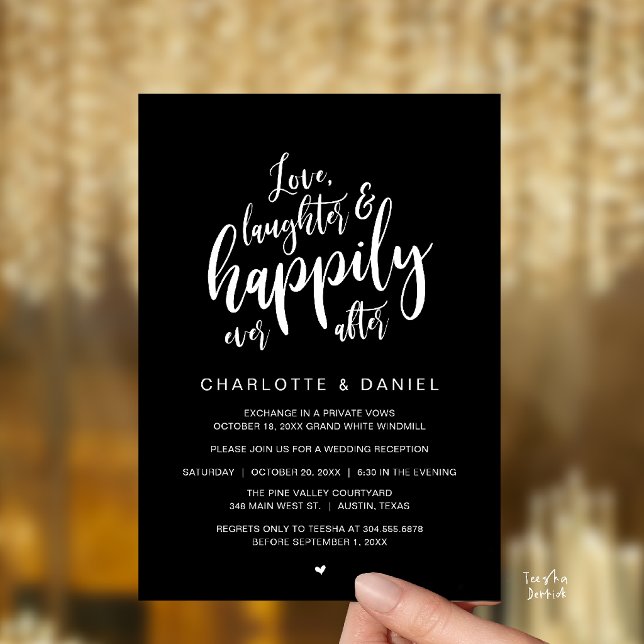 Modern Rustik Bröllopskrift Lyckliga För Evigt Inbjudningar (Modern Rustic Script Love Laughter and Happily Ever After Wedding Invitation Card in Classy Black)