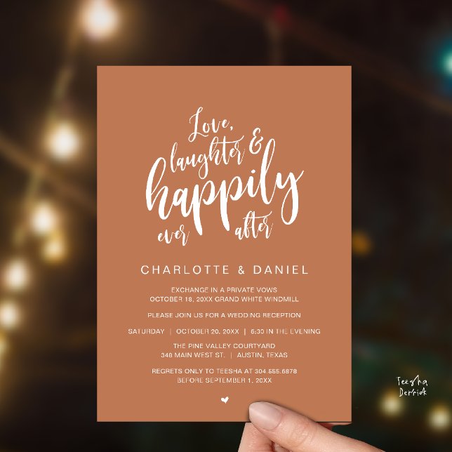 Modern Rustik Bröllopskrift Lyckligt Alltid Efter Inbjudningar (Modern Rustic Script Love Laughter and Happily Ever After Wedding Invitation Card in Copper Brown)