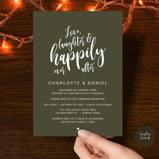 Modern Rustik Bröllopskrift Lyckligt Alltid Efter Inbjudningar (Modern Rustic Script Love Laughter and Happily Ever After Wedding Invitation Card in Olive Green)