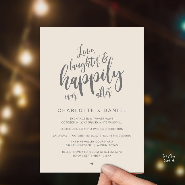 Modern Rustik Bröllopskrift Lyckligt Alltid Efter Inbjudningar (Modern Rustic Script Love Laughter and Happily Ever After Wedding Invitation Card in Cream Grey)