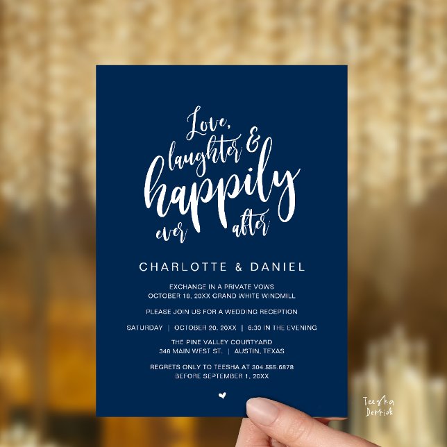 Modern Rustik Bröllopskrift Lyckligt Alltid Efter Inbjudningar (Modern Rustic Script Love Laughter and Happily Ever After Wedding Invitation Card in Navy Blue)