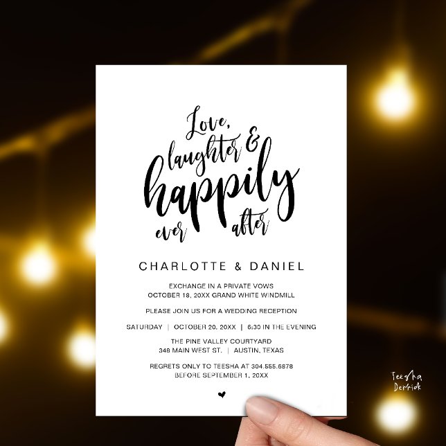 Modern Rustik Bröllopskrift Lyckligt Alltid Efter Inbjudningar (Modern Rustic Script Love Laughter and Happily Ever After Wedding Invitation Card in Black and White)