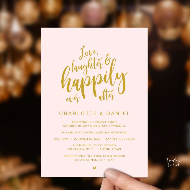 Modern Rustik Bröllopskrift Lyckligt Alltid Efter Inbjudningar (Modern Rustic Script Love Laughter and Happily Ever After Wedding Invitation Card in Gold Blush)