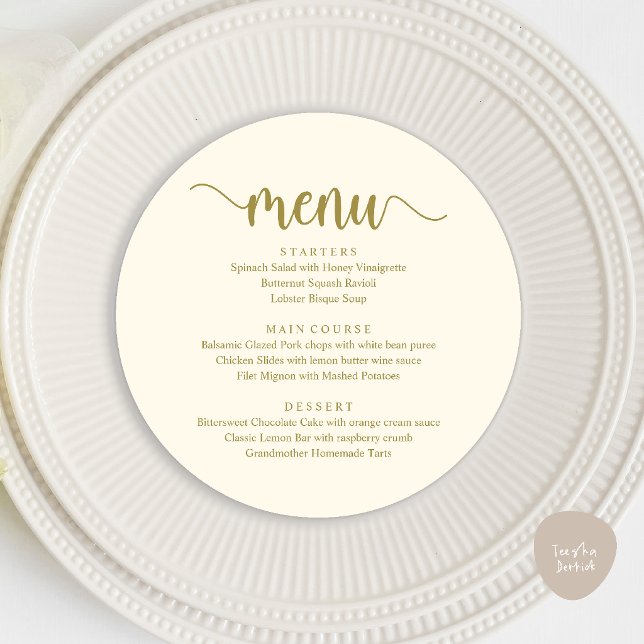 Modern Rustik, Bröllopsmeny för Runda Middagar Meny (Modern Rustic, Wedding Elopement Round Dinner Menu Card in Cream and Gold)