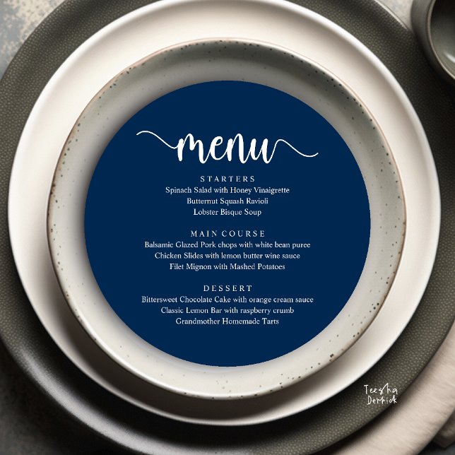 Modern Rustik, Bröllopsmeny för Runda Middagar Meny (Modern Rustic, Wedding Elopement Round Dinner Menu Card in Navy Blue)