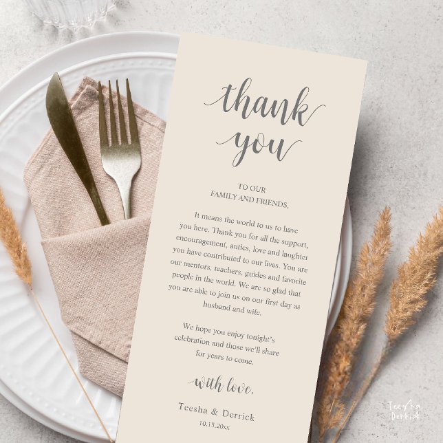 Modern Rustik Bröllopsmiddag Tackkort Program (Modern Rustic Wedding Dinner Thank You Card Reception Lunch Brunch Reception in Cream grey)