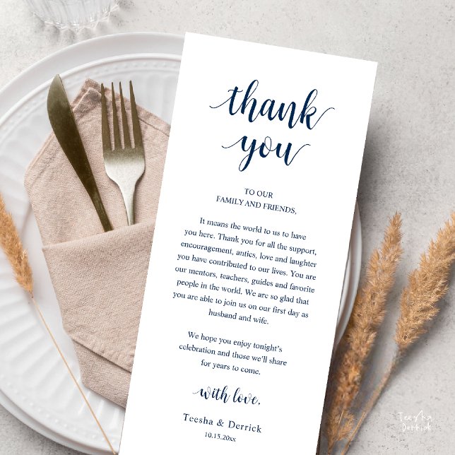 Modern Rustik Bröllopsmiddag Tackkort Program (Modern Rustic Wedding Dinner Thank You Card Reception Lunch Brunch Reception in Navy Blue)