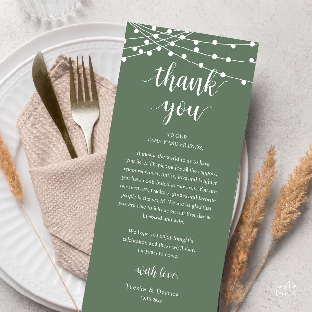 Modern Rustik Bröllopsmiddag Tacksamhetskort Program (Modern Rustic Wedding Dinner Thank You Card Reception Reception String Lights Sage Green)