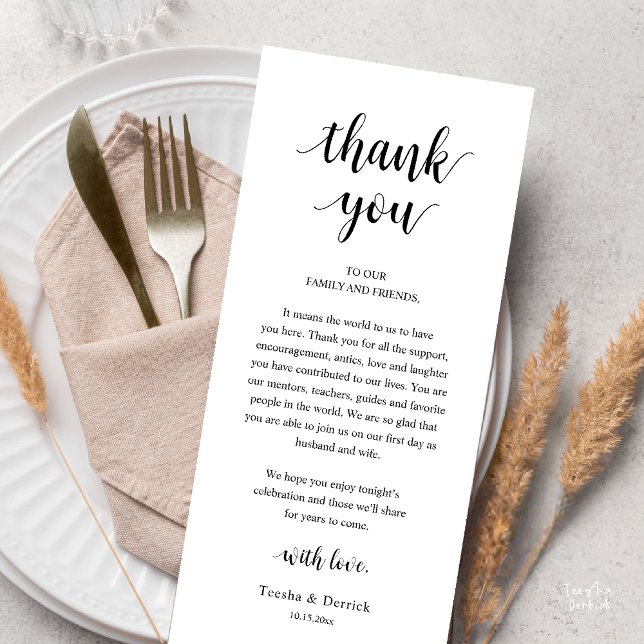 Modern Rustik Bröllopsmiddag Tacksamhetskort Program (Modern Rustic Wedding Dinner Thank You Card Reception Lunch Brunch Reception in Black and White)