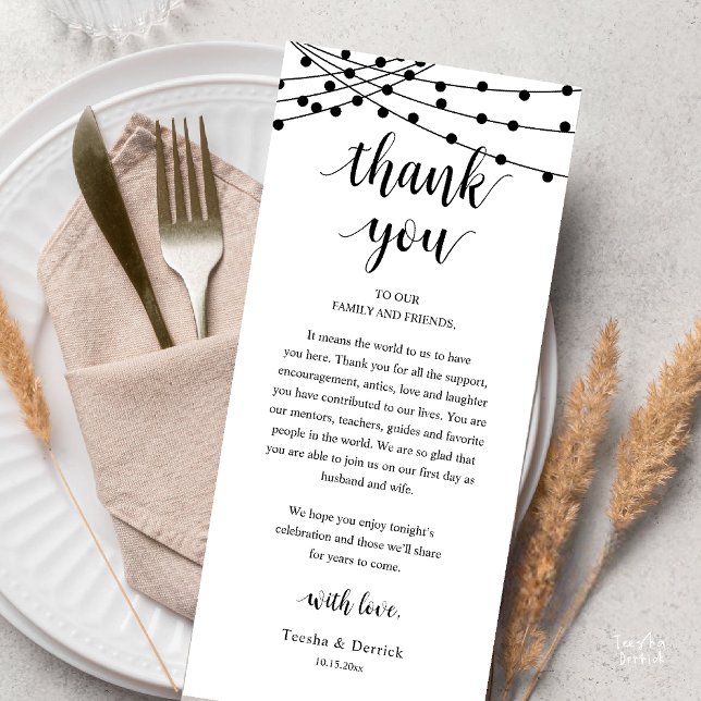 Modern Rustik Bröllopsmiddag Tacksamhetskort Program (Modern Rustic Wedding Dinner Thank You Card, Reception string lights, Black and White)