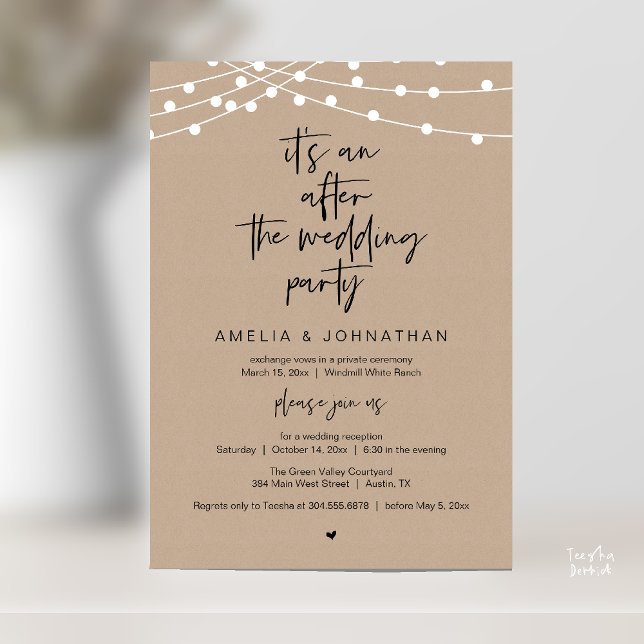 Modern Rustik Bröllopsmottagning Brun Kraft Inbjudningar (Modern Rustic Wedding Reception Brown Kraft, string lights, Invitation card pdf black script)