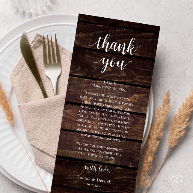 Modern Rustik Bröllopsmottagning Tacksamhetskort Program (Modern Rustic Wedding Dinner Thank You Card Reception Lunch Brunch Reception in Cottage Dark Wood)