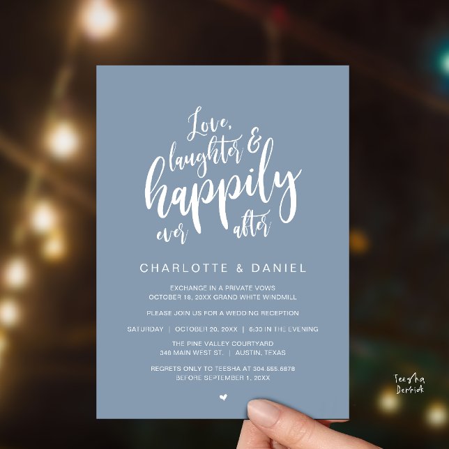 Modern Rustik Bröllopsskrift Lyckligt Alltid Efter Inbjudningar (Modern Rustic Script Love Laughter and Happily Ever After Wedding Invitation Card in Dusty Blue)
