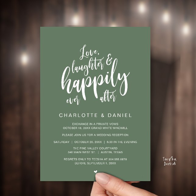 Modern Rustik Bröllopsskrift Lyckligt Alltid Efter Inbjudningar (Modern Rustic Script Love Laughter and Happily Ever After Wedding Invitation Card in Sage Green)